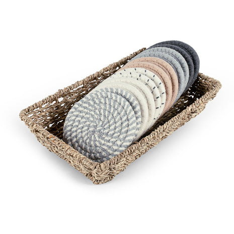 12 Pcs Cotton Woven Coasters for Drinks with Basket (Grey) | 4.3" absorbent cotton woven coasters with 0.35" thick design; helps protect wooden tables from heat, moisture and cup marks