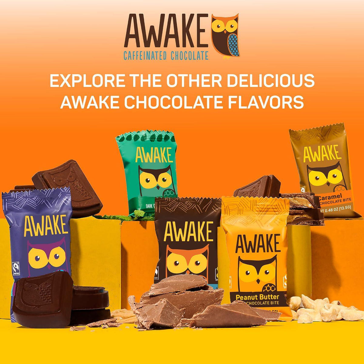 AWAKE - Caffeinated Chocolate Bites - 50mg Caffeine - Variety Pack (3 Flavors), 50 Bites - Peanut Butter, Milk, & Caramel - Energy Bites - Coffee Alternative - Fairtrade, Gluten Free, Non GMO - 0.48oz