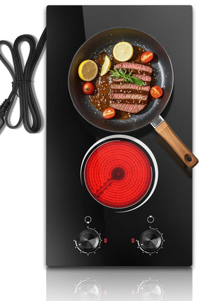 2 Burner Electric Cooktop 110V, 12 Inch Electric Cook Top Plug in, 2000W Electrics Stove with Knob Control, Countertop & Built-in Ceramic Stovetop, 9 Heating Level, Residual Heat Indicator