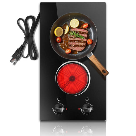 2 Burner Electric Cooktop 110V, 12 Inch Electric Cook Top Plug in, 2000W Electrics Stove with Knob Control, Countertop & Built-in Ceramic Stovetop, 9 Heating Level, Residual Heat Indicator