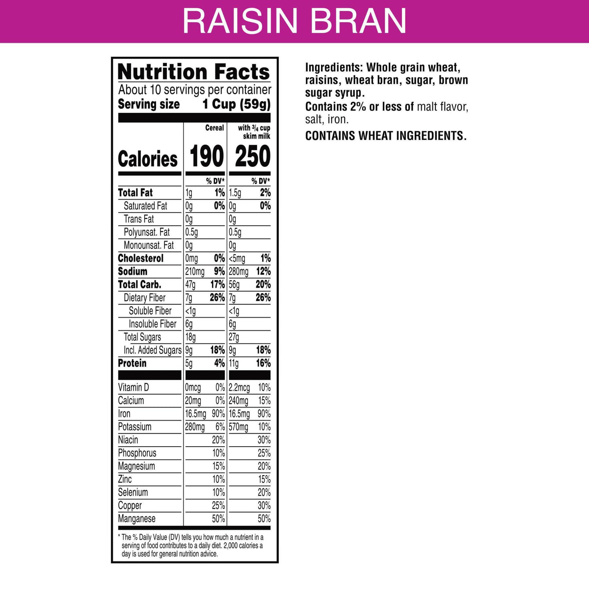 Kellogg’s Raisin Bran Breakfast Cereal, High Fiber, 28g Whole Grain, Large Size, 20.9 oz