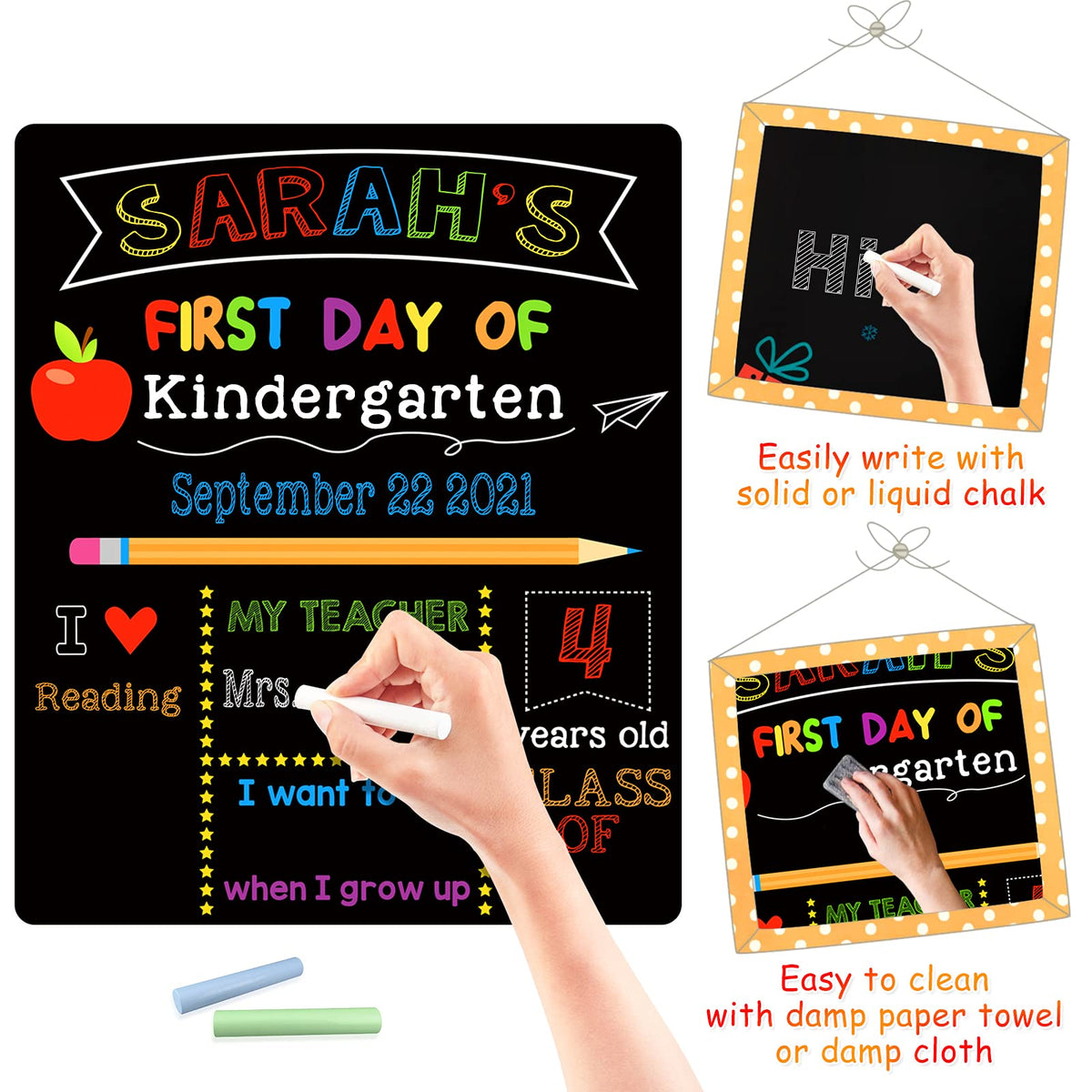 First & Last Day of School Chalkboard, 10 x 12 Inch Double Sided Back to School Sign for Kids/Girls/Boys, Reusable Wooden 1st Day of Preschool/Kindergarten Photo Props