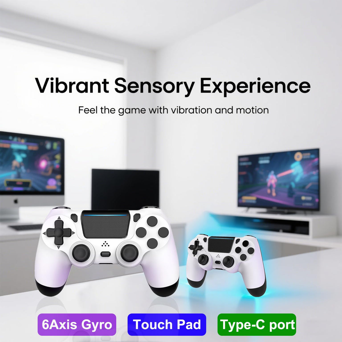 MOVONE Wireless Controller for PS4,Dual Vibration Game Joystick/Motion Sensing/Touchpad/Speaker/3.5mm Headphone,Compatible with PS4/Slim/Pro Console/PC(white+black)