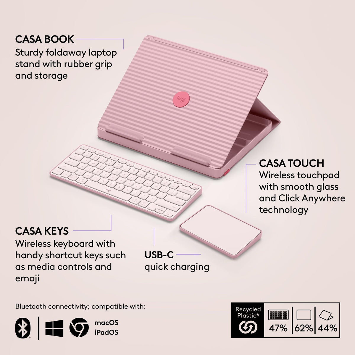 Logitech Casa Pop Up Desk Kit - Adjustable Laptop Stand for Desk, Wireless Keyboard & Touchpad, Bluetooth, USB C Charging, Bohemian Blush, Pink