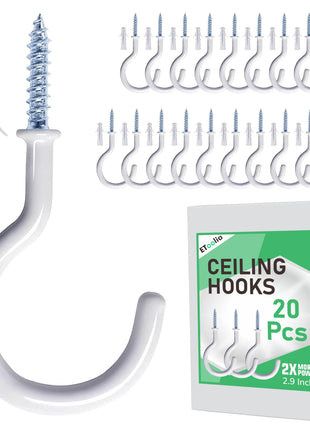 20 Pcs Ceiling Hooks for Hanging Plants 2.9" White Vinyl Coated | Heavy Duty, Rust Proof, Hanging Hooks For Christmas Lights, Cups, Decors, Screw in Plant Hanger Hook, Indoor, Outdoor