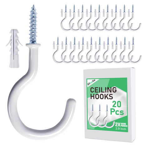 20 Pcs Ceiling Hooks for Hanging Plants 2.9" White Vinyl Coated | Heavy Duty, Rust Proof, Hanging Hooks For Christmas Lights, Cups, Decors, Screw in Plant Hanger Hook, Indoor, Outdoor