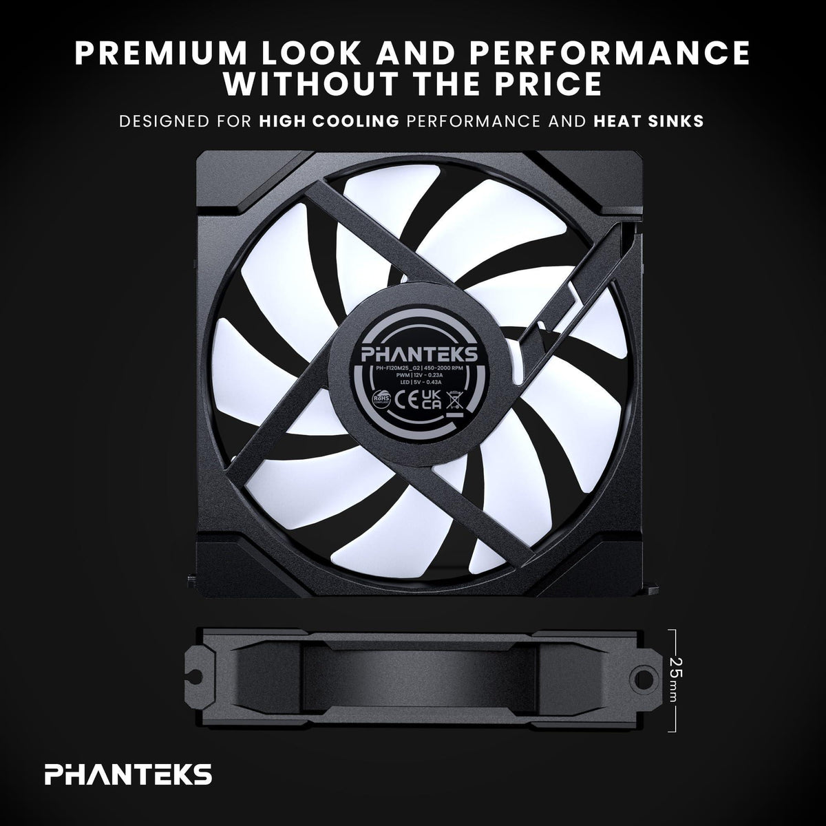 Phanteks M25-120 Gen2 Reversed Blade, 120mm ARGB High Performance Cooling Fans, Daisy-Chain Unified Fan Frame, Infinity Mirror hub, Single Cable Connection, Black