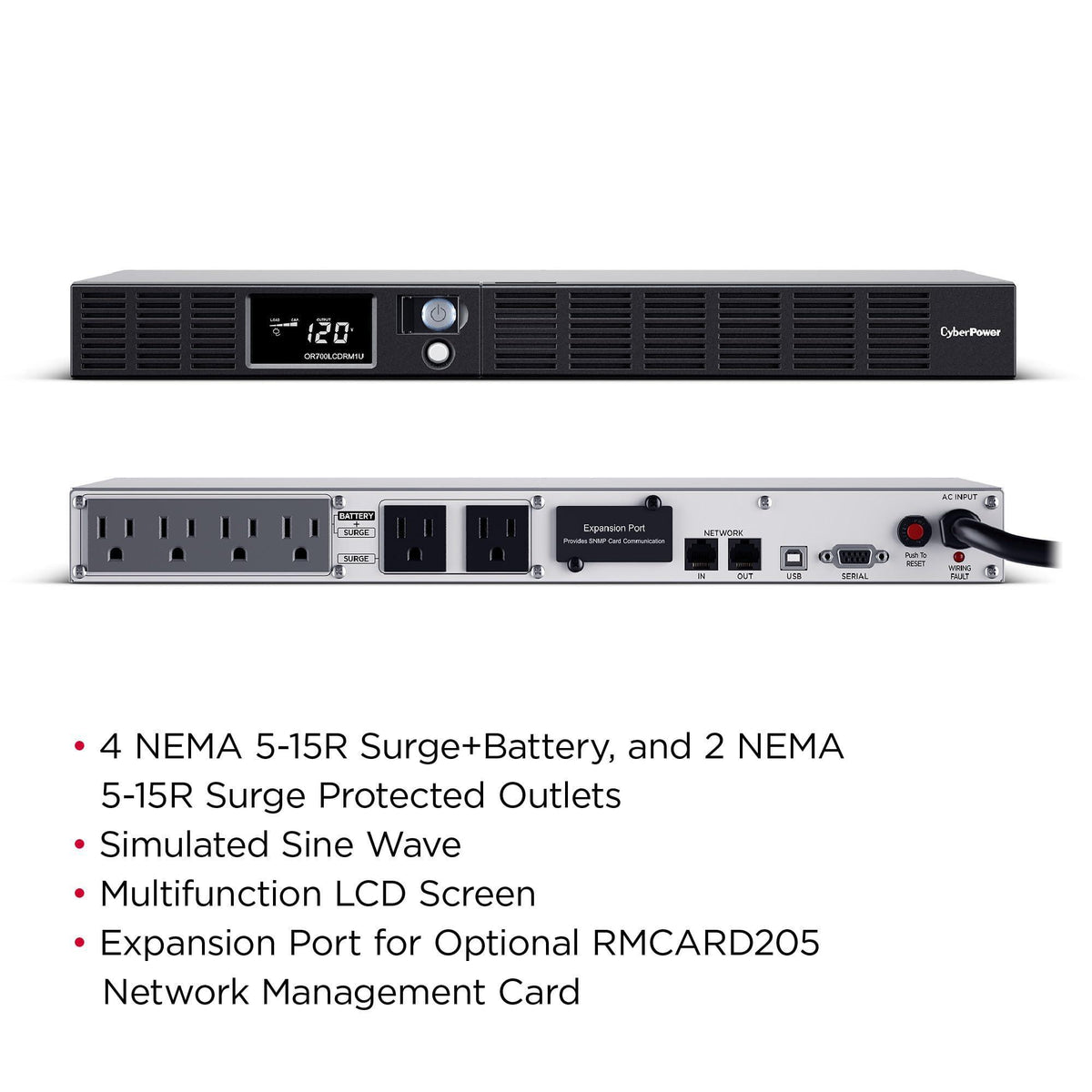 CyberPower OR700LCDRM1U Smart App LCD UPS Battery Backup and Surge Protector, 700VA/400W, 6 Outlets, AVR, 1U Rackmount, UL Certified