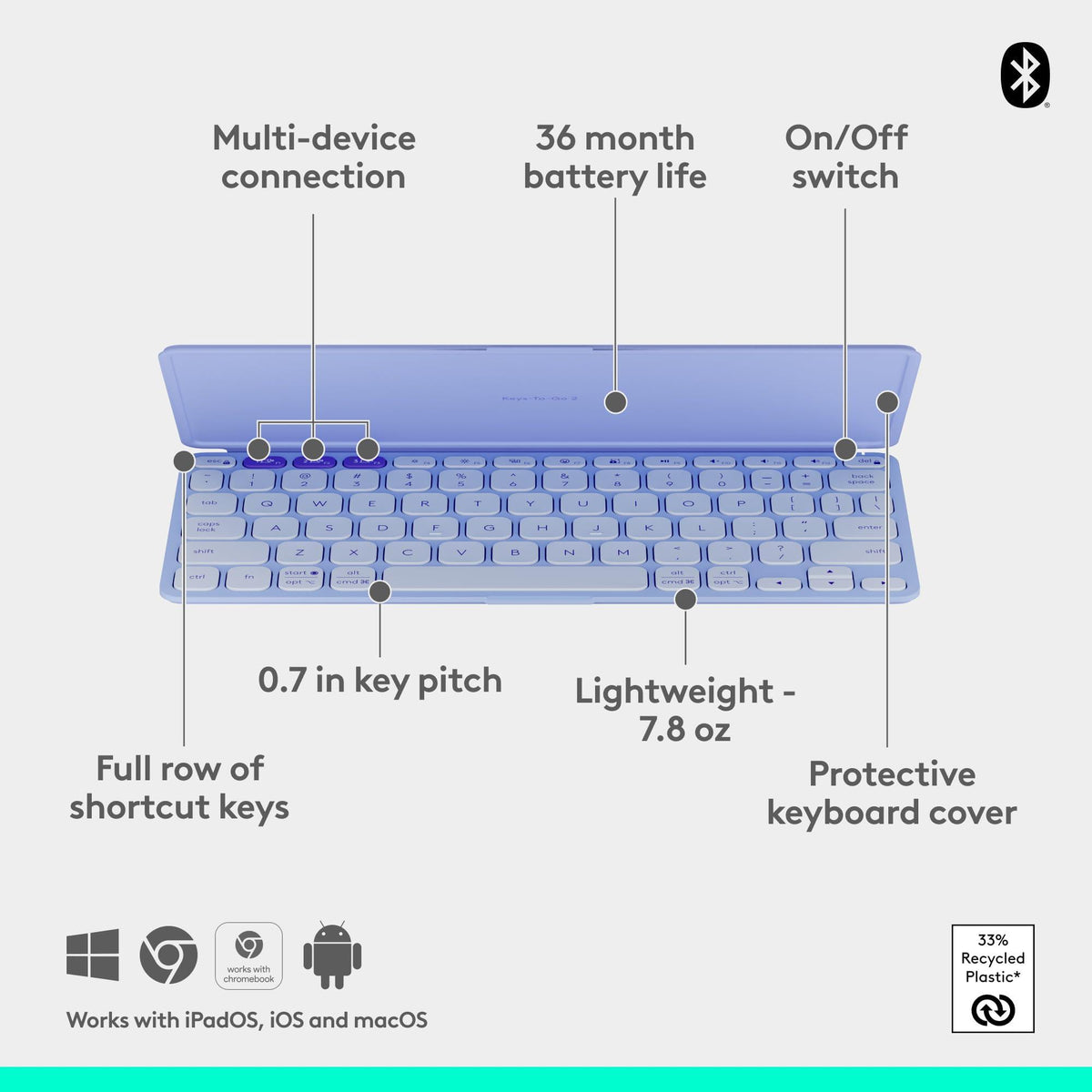 Logitech Keys-to-GO 2 Portable Bluetooth Tablet Keyboard with Built-in Cover, Slim & Compact Wireless Keyboard for Windows, Android, Linux, iPad, iPhone, Mac, Apple TV - Lilac