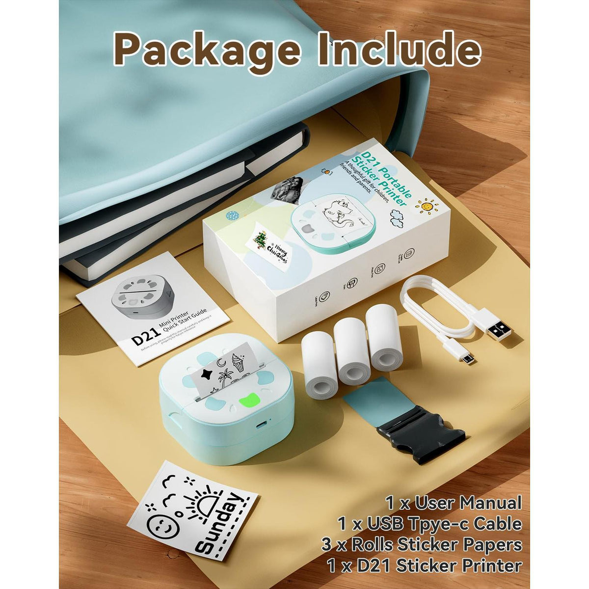 NDYIN Sticker Printer, PrintPods Mini Printer, Bluetooth Portable Sticker Maker with 3 Rolls Paper, Print Pod Inkless Thermal Printers for iphone, Impresora Portátil for Notes, Journal, DIY, Kids Gift