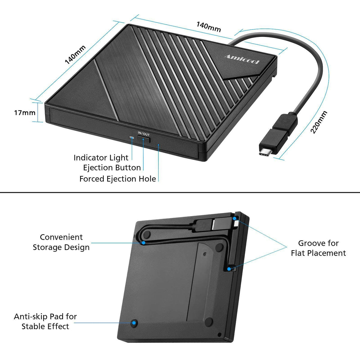 Amicool External DVD Drive USB 3.0 USB C CD Burner CD/DVD +/-RW Optical Drive, Slim Portable DVD CD ROM Rewriter Writer Duplicator for Laptop Desktop PC Windows 11/10/8/7 MacBook Mac Linux OS Apple