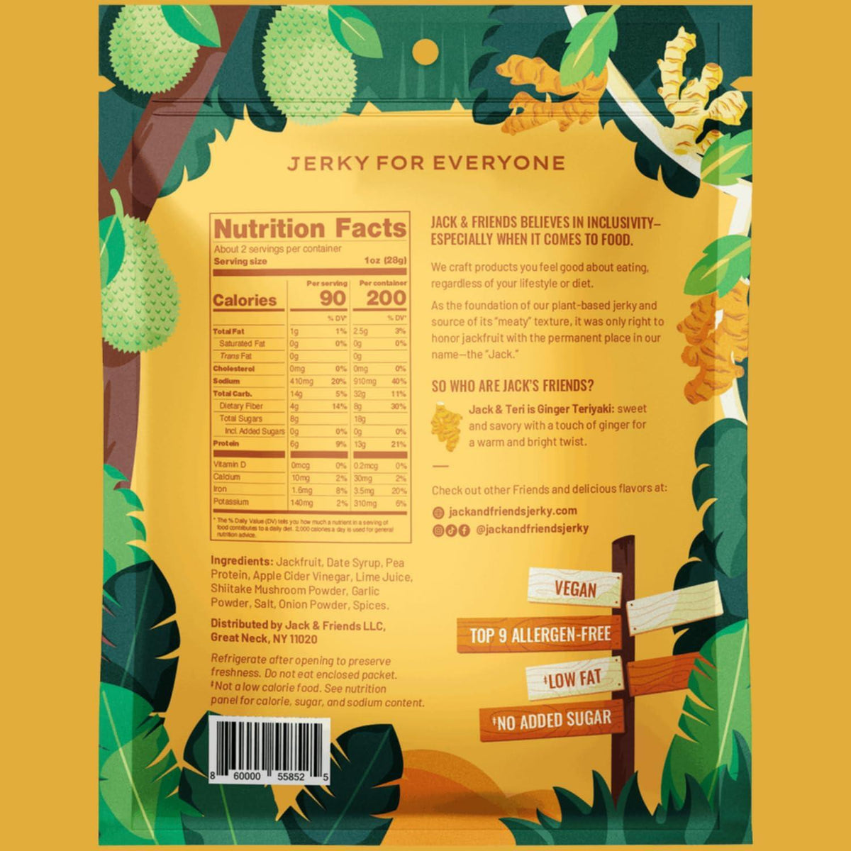 Jack & Friends Jackfruit Jerky - Ginger Teriyaki - 13g Protein - 8g Fiber - 100% Plant Based Jerky - Gluten Free - Soy Free - Vegan - Low Sugar - All Natural Ingredients - 2.2 Oz (Pack of 1)