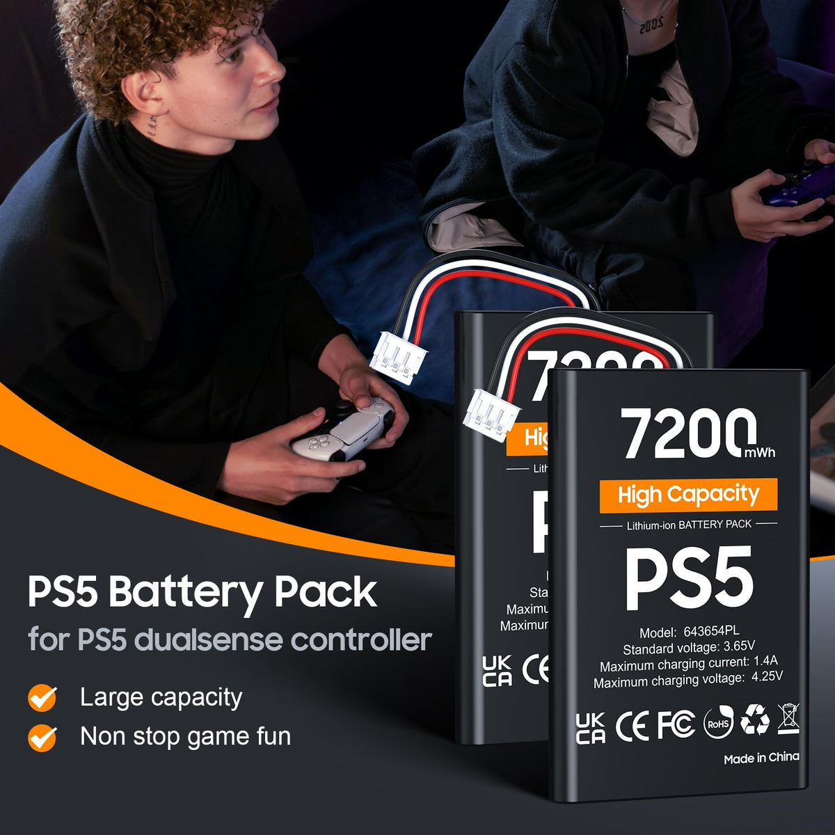heclynis PS5 Controller Battery, High Capacity 2x7200mWh Rechargeable PS5 Battery Pack for Dualsense Controller with Black Skin, Replacement Batteries for PlayStation 5 with Screwdriver Tool Set