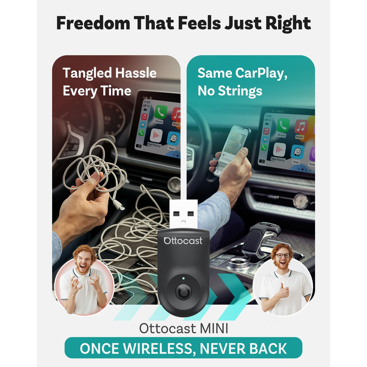 OTTOCAST Mini 2025 2-in-1 Wireless CarPlay/Android Auto Adapter, 5GHz WiFi, Auto Connect for 2016+ Cars