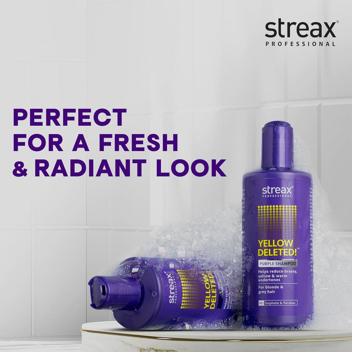 Streax Professional Yellow Deleted! Purple Shampoo, 300 ml I For Prelightened, Blonde & Grey Hair I Sulphate & Paraben Free