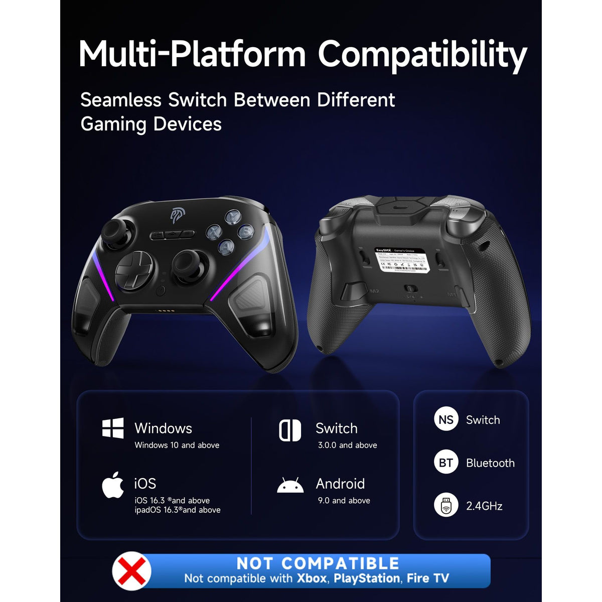 EasySMX D10 Wireless Game Controller – TMR Anti-Drift Joysticks, Dual-Mode Triggers, 1000Hz Polling, Mechanical Buttons, RGB – Bluetooth Gamepad for PC/Switch/Switch2/iOS/Android with Charging Dock