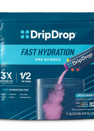 DripDrop Hydration Packets   Bold Variety Pack   Single Serve Electrolytes Powder Drink Mix   Watermelon, Berry, Lemon, Orange   Non GMO, Gluten Free, Vegan   32 Sticks