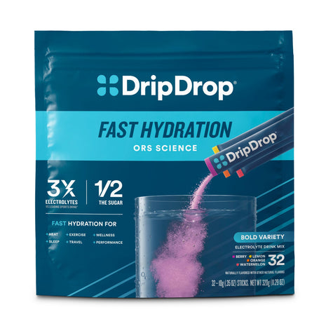 DripDrop Hydration Packets   Bold Variety Pack   Single Serve Electrolytes Powder Drink Mix   Watermelon, Berry, Lemon, Orange   Non GMO, Gluten Free, Vegan   32 Sticks
