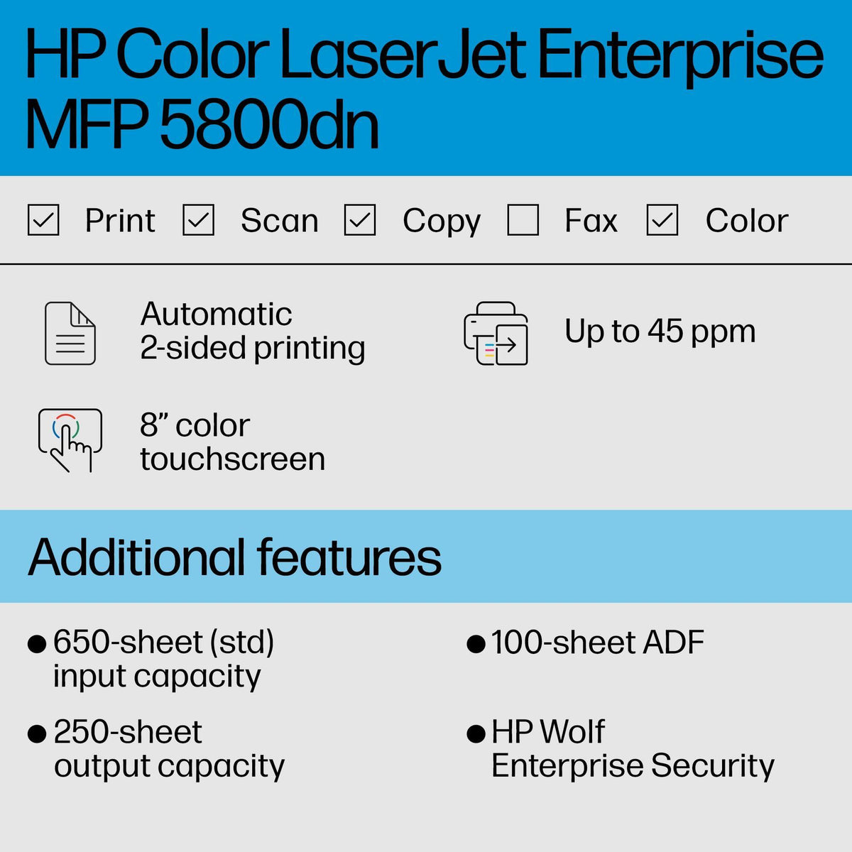 HP Color Laserjet Enterprise MFP 5800dn Printer, Print, Scan, Copy, Best for Business (6QN29A)