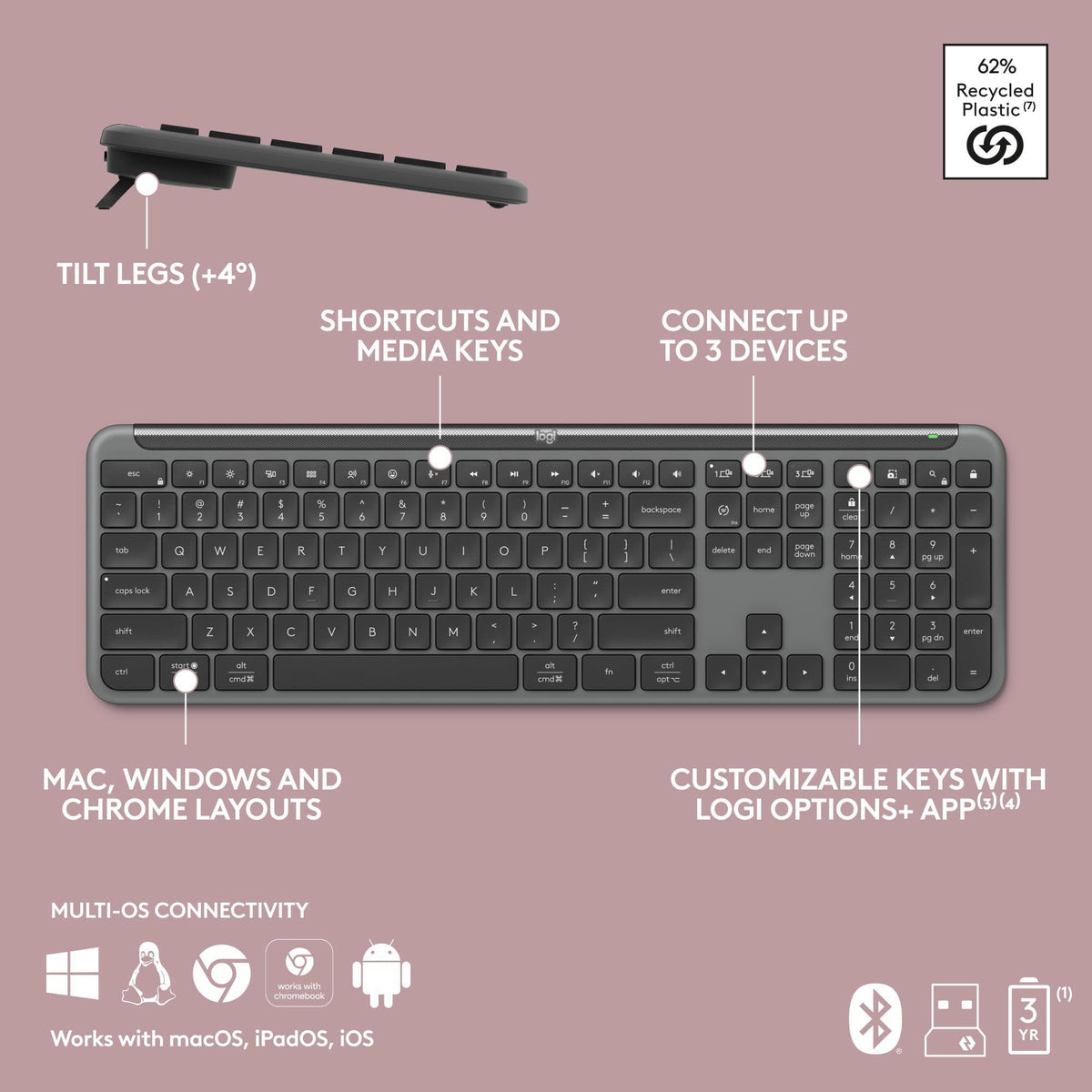 Logitech Signature Slim K950 Wireless Keyboard, Sleek Design, Switch Typing Between Devices, Quiet Typing, Bluetooth, Multi-OS, Windows, Mac, Chrome - Graphite