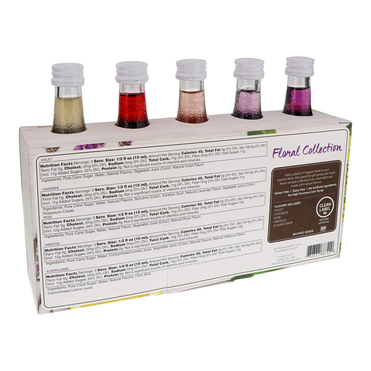 Monin - Gourmet Flavorings Floral Collection, Great for Cocktails, Lemonades, Teas, & Sodas, Gluten-Free, Dairy-Free, (Violet, Lavender, Rose, Hibiscus, & Elderflower) | 50 ml Per Bottle