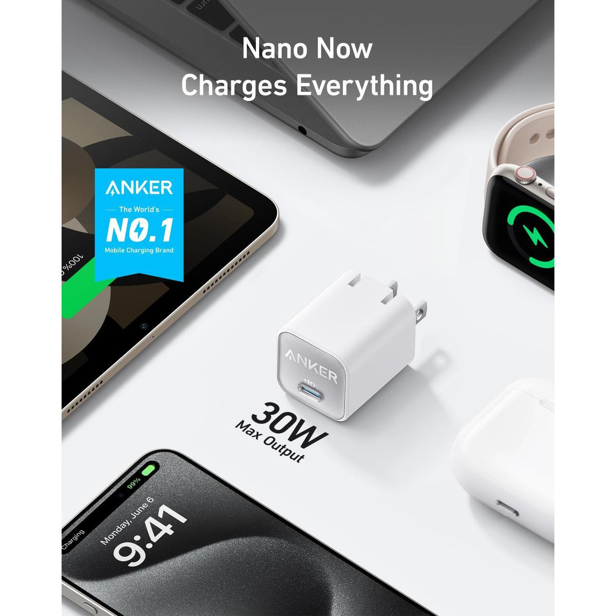 Anker Nano USB C Charger Block, 30W PIQ 3.0 Foldable iPhone Charger Fast Charging for iPhone 16/15 Series, Galaxy, iPad, Compatible with MagSafe