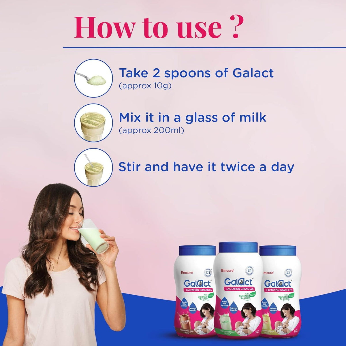 Galact Granules with Shatavari, Chocolate Flavor, 200g | 10-Day Pack |2 Scoops per serving with milk| Galact Granules for Breastfeeding |From Emcure Pharmaceuticals Ltd.