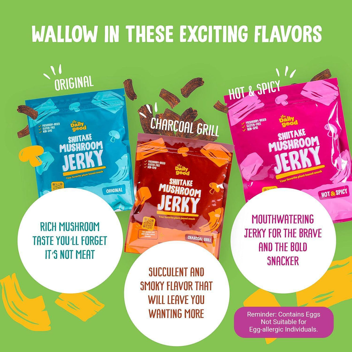 The Daily Good Mushroom Jerky - 3-Pack Snacks, Yummy High-Fiber Mushroom Snack, Gluten-Free Food, Contains Eggs, Made from Shiitake Stalk, 0.58 lbs., Vegetarian, Original, Hot & Spicy, BBQ Flavor
