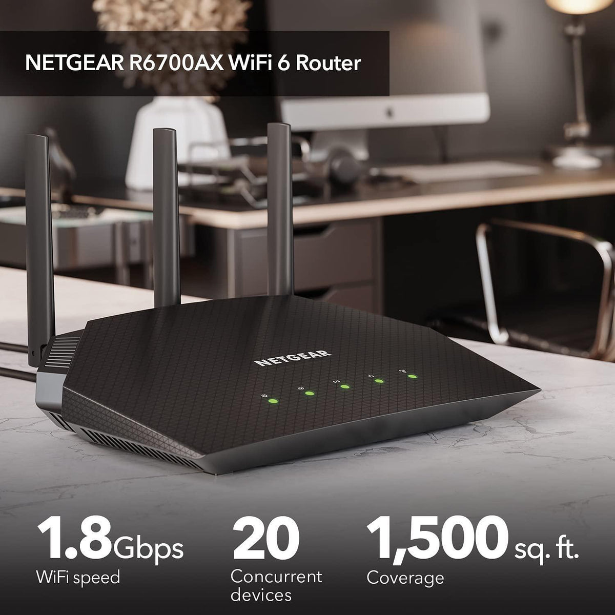 NETGEAR 4-Stream WiFi 6 Router (R6700AX) – Security Features, AX1800 Wireless Speed (Up to 1.8 Gbps), Covers up to 1,500 sq. ft., 20 Devices