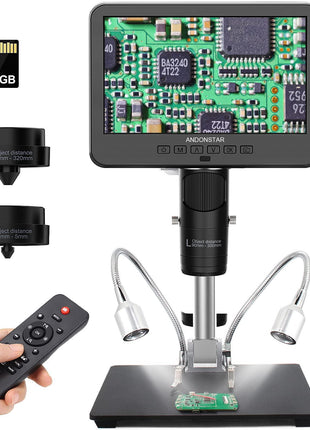 Andonstar AD246S-M 3 Lens 2160P HDMI Digital Microscope 2000x for Adults | 7 Inch LCD Soldering Microscope for Electronics Repair, Error Coins, Pro Boom Arm Stand, Windows Compatible