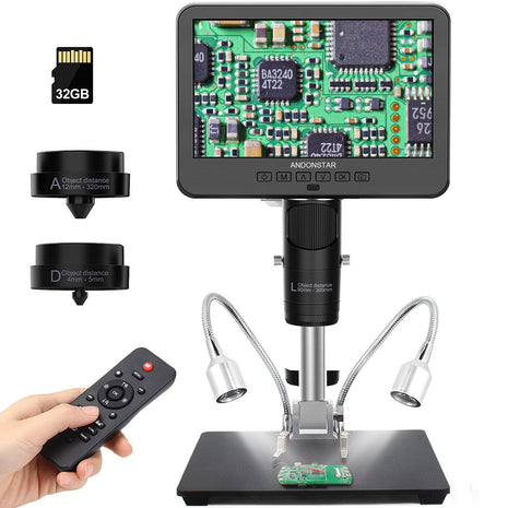 Andonstar AD246S-M 3 Lens 2160P HDMI Digital Microscope 2000x for Adults | 7 Inch LCD Soldering Microscope for Electronics Repair, Error Coins, Pro Boom Arm Stand, Windows Compatible