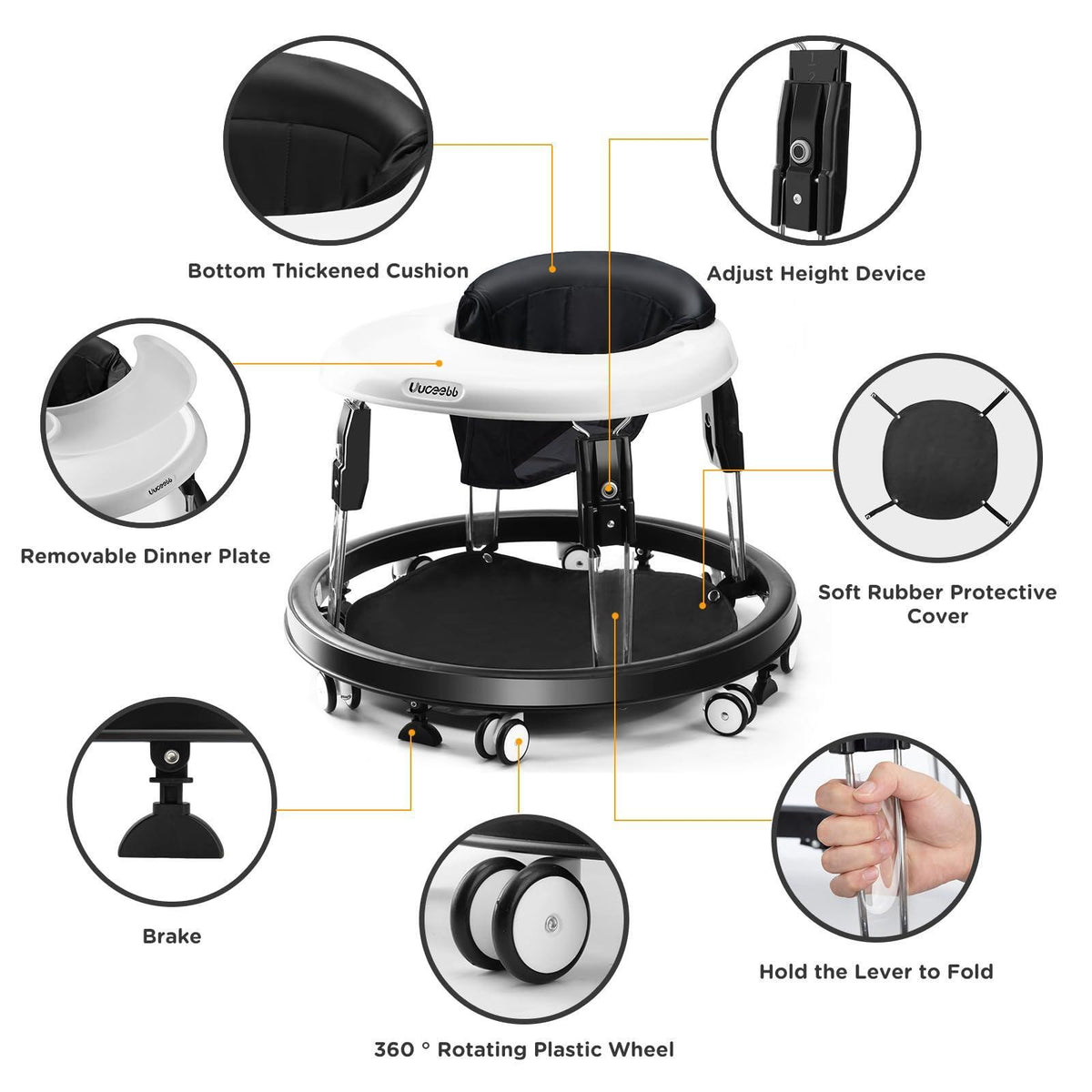 Uuoeebb Baby Walker with Wheels, One-Touch Folding Anti-Roll 8-Wheel Baby Walkers, 7-Speed Height Adjustment with Large Dinner Plate and Brake 6-18 Months Baby Walker, Black