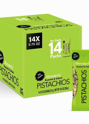 Wonderful Pistachios No Shells, Roasted & Salted Nuts, 0.75 Ounce Bag (Pack of 14), Protein Snacks, Vegan Snacks, On-the-Go, Individual Snacks for Adults