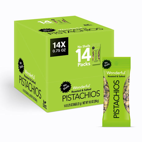 Wonderful Pistachios No Shells, Roasted & Salted Nuts, 0.75 Ounce Bag (Pack of 14), Protein Snacks, Vegan Snacks, On-the-Go, Individual Snacks for Adults