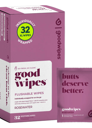 goodwipes Flushable Wipes for Women - Rosewater Individually Wrapped Travel Butt Wipes To Go, Mini Purse & Festival Essentials for Adults, pH Balanced for Feminine Hygiene, 32 Count (1 Pack)