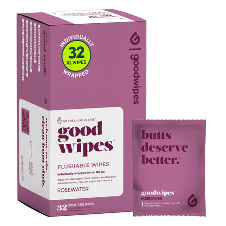 goodwipes Flushable Wipes for Women - Rosewater Individually Wrapped Travel Butt Wipes To Go, Mini Purse & Festival Essentials for Adults, pH Balanced for Feminine Hygiene, 32 Count (1 Pack)