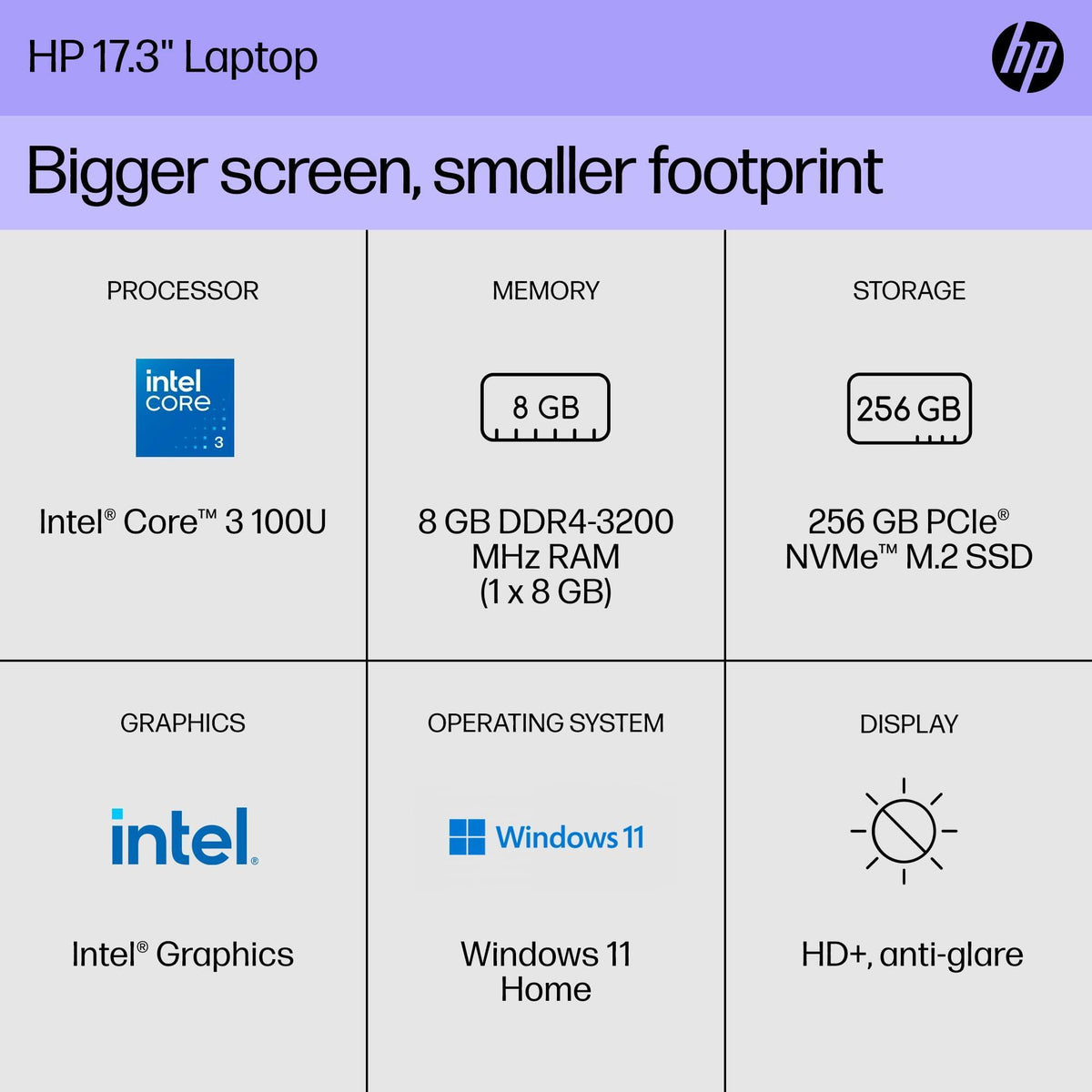 HP 17.3 inch Laptop, HD+ Display, Intel Core 3 100U, 8 GB RAM, 256 GB SSD, Intel Graphics, Windows 11 Home, 17-cn4010nr (2024)