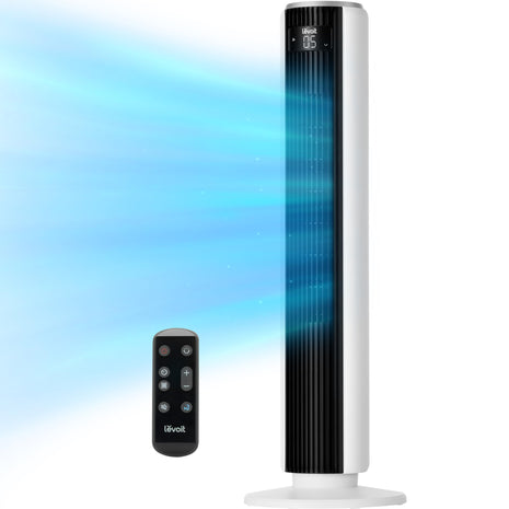 Levoit Tower Fan for Bedroom, 28ft/s Fans that Blow Cold Air, 28dB Quiet | Standing Floor Fan for Room, 90° Oscillating, 5 Speeds 4 Modes & Temp Sensor, Bladeless, 12H Timer, Remoter, 36 inch, White