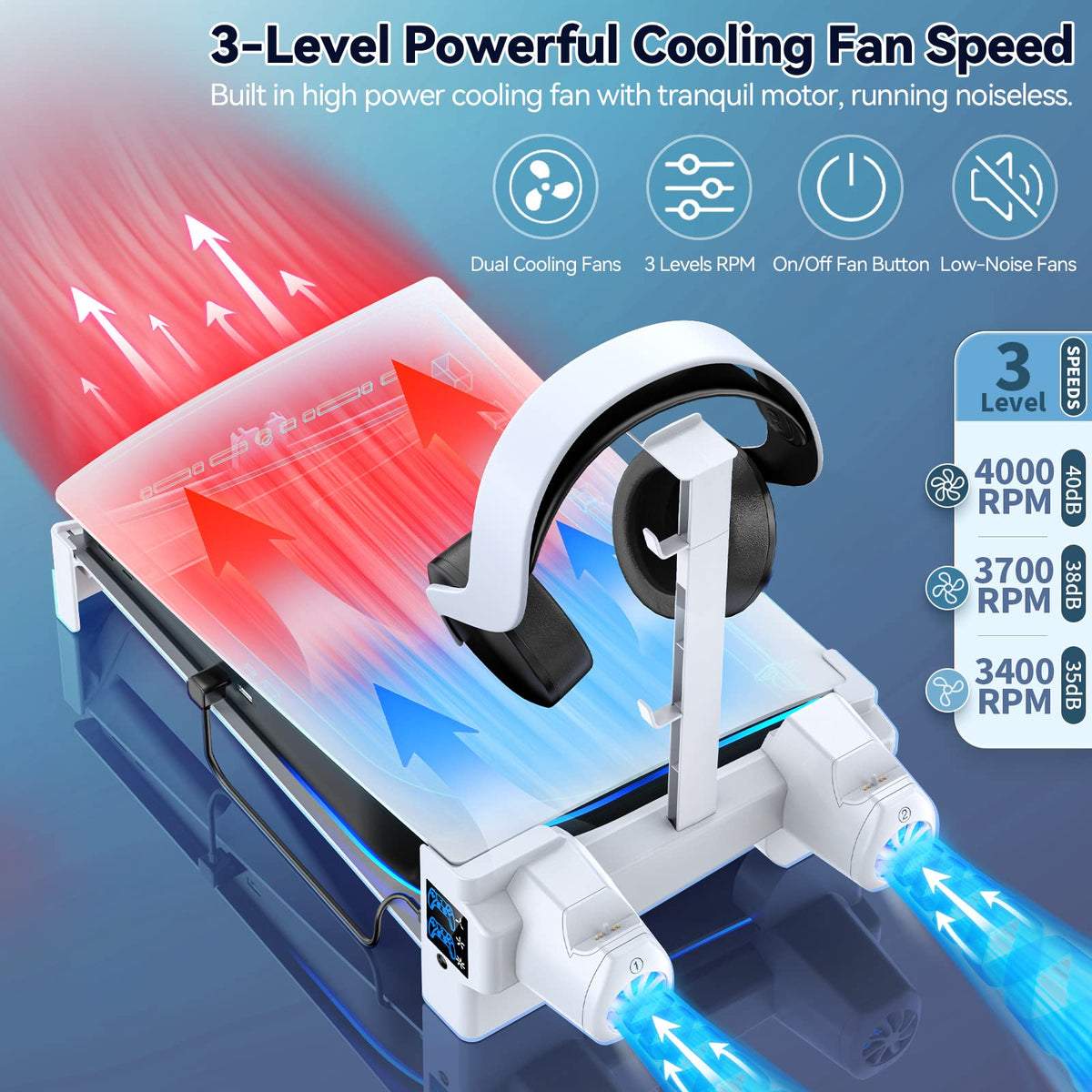 PS5 Horizontal Stand with 3-Level Cooling Fans for PlayStation 5 Console, PS5 Accessories Controller Charging Station for PS5 Edge Controller, PS5 Cooling Station (Not Fit PS5 Slim/PS5 Pro)
