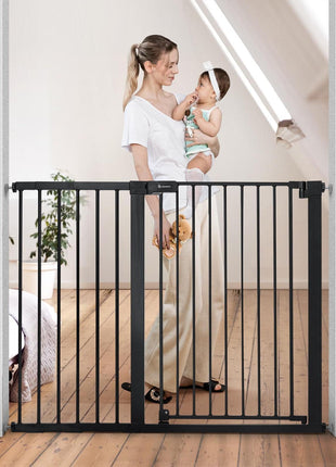 COMOMY 36" Extra Tall Baby Gate for Stairs, Fits 29.5" to 48.8" Openings | Auto Close Extra Wide Dog Gate for House, Pressure Mounted Easy Walk Through Pet Gate with Door, Black