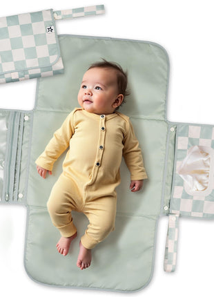 Tiny Twinkle Portable Diaper Changing Pad | Waterproof, Wipeable & Compact Baby Changing Pad for Travel | Smart Wipes Pocket & Organized Storage| Newborn Shower Gift (Sage Checkers)