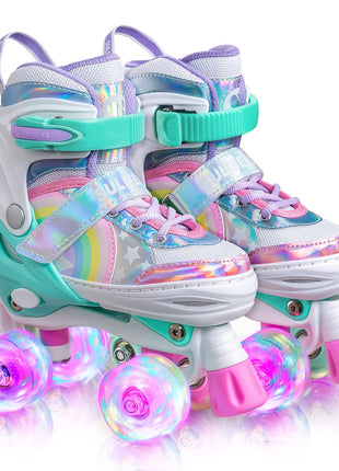 Rainbow Unicorn 4 Size Adjustable Roller Skates for Girls Boys for Kids Ages 3-5 5-8 6-12 Children Skates Indoor Outdoor
