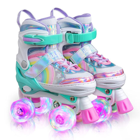 Rainbow Unicorn 4 Size Adjustable Roller Skates for Girls Boys for Kids Ages 3-5 5-8 6-12 Children Skates Indoor Outdoor
