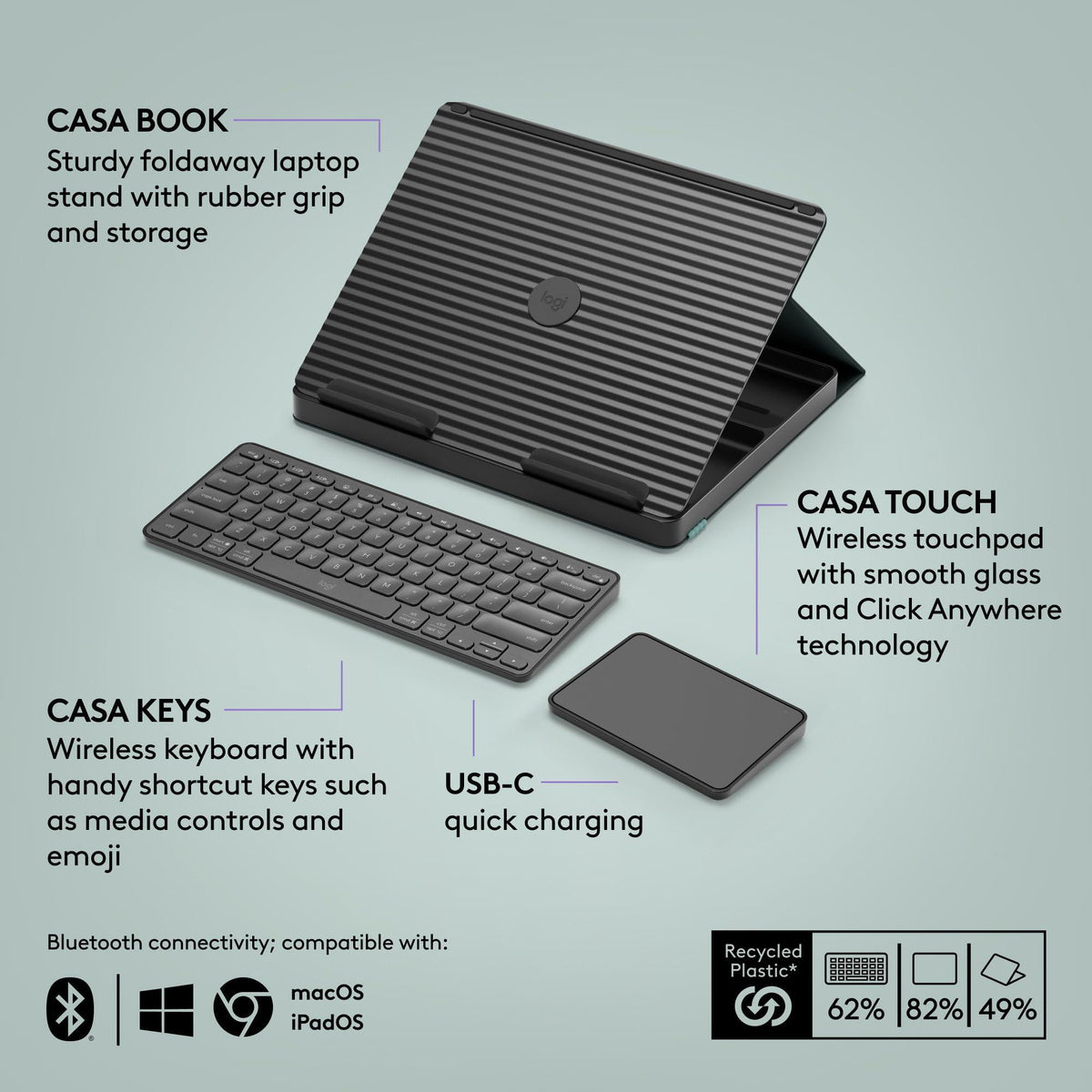 Logitech Casa Pop Up Desk Kit - Adjustable Laptop Stand for Desks, Wireless Keyboard & Touchpad, Bluetooth, USB C Charging, Classic Chic, Green/Black