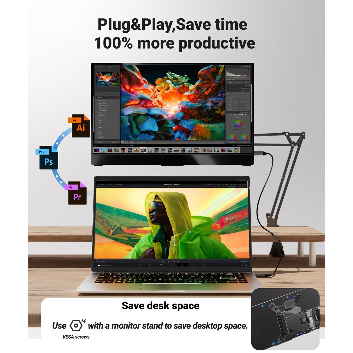 Ingnok Portable Monitor, Ultra Slim 15.6 Inch FHD IPS Laptop Screen Extender with Adjustable Stand, USB C Compatible, Ideal for Travel and Office