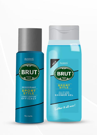 Brut Sport Style Deodorant, 200ml + Sport Style All In One Hair & Body Shower Gel For Men, 500ml