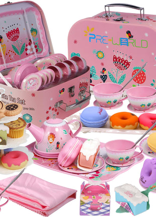 Tea Party Set for Little Girls,PRE-WORLD Princess Tea Time Toy Including Dessert,Cookies,Doughnut,Teapot Tray Cake, Tablecloth & Carrying Case,Kids Kitchen Pretend Play for Girls Boys Age 3-6