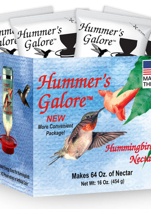 Hummer's Galore Made in USA Hummingbird Food - Ready-to-Mix Hummingbird Nectar, All-Natural Nectar Collector Formula, No Preservatives or Dyes, Makes 64 Ounces (4 Packets Included)