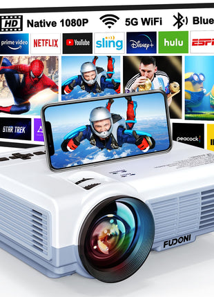 FUDONI Projector with 5G WiFi & Bluetooth, Native 1080P 18000L Portable Movie Projector for Home Theater Outdoor, Built-in Speaker, Compatible with HDMI, USB, AV, Fire Stick, Laptop, iOS, Android, PS5