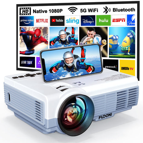 FUDONI Projector with 5G WiFi & Bluetooth, Native 1080P 18000L Portable Movie Projector for Home Theater Outdoor, Built-in Speaker, Compatible with HDMI, USB, AV, Fire Stick, Laptop, iOS, Android, PS5